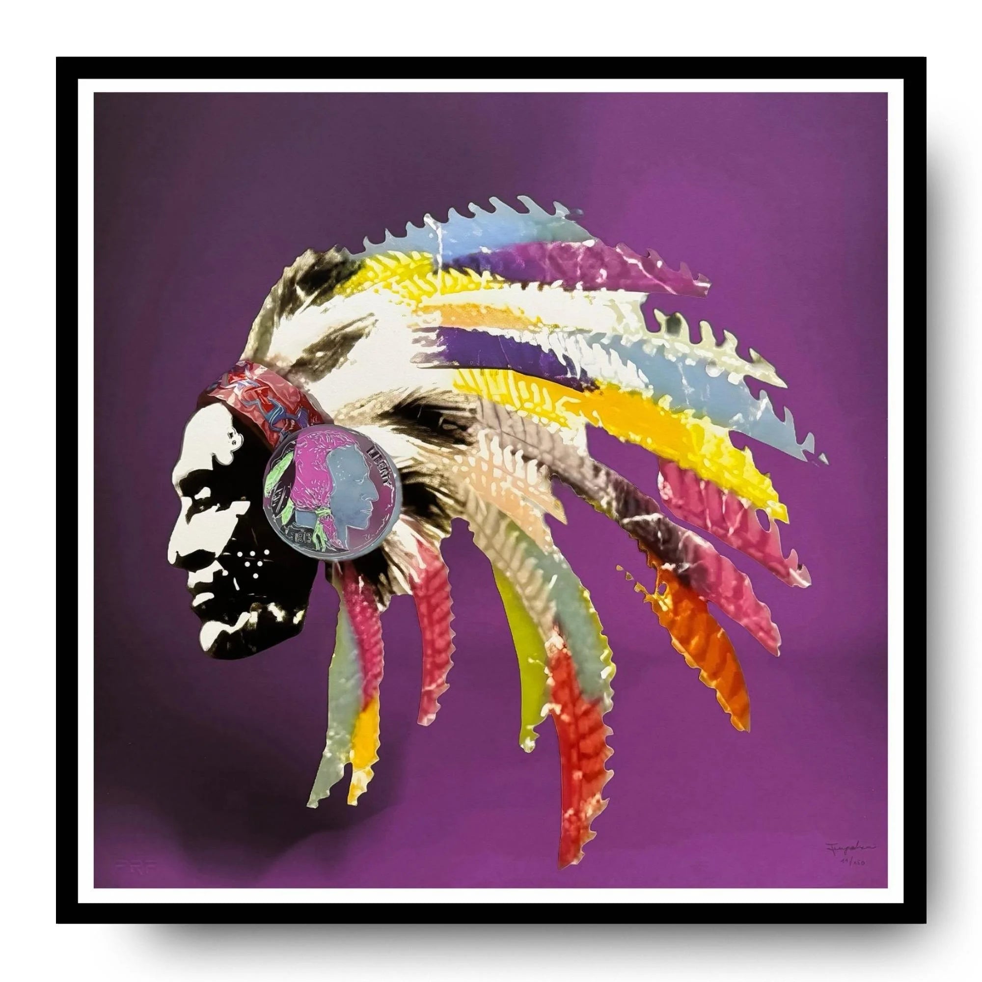 Colorful headdress with feathers on a purple background